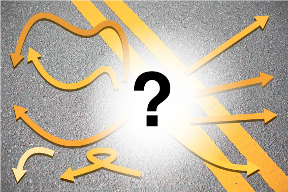 Different arrows emerging from a question mark into every direction