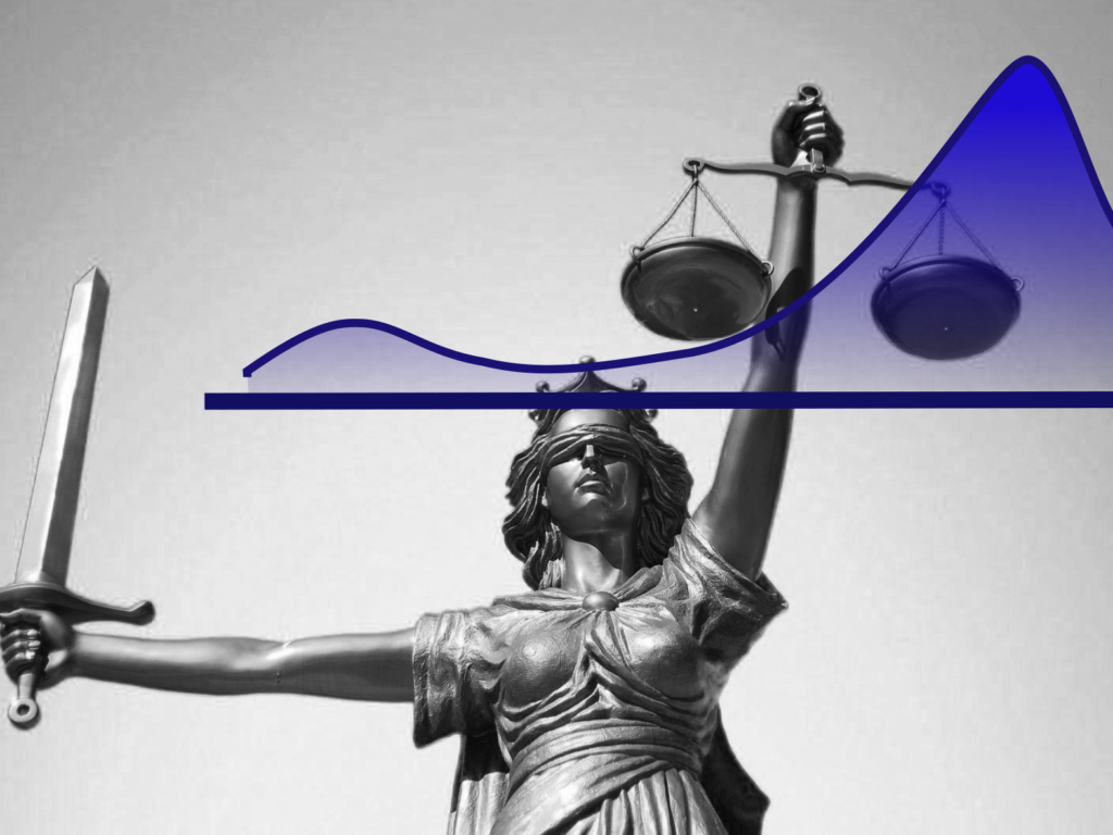 The goddess Justice wielding a scale on top of distribution heaps.